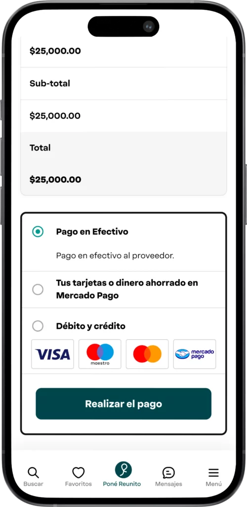 Podes cobrar por tus servicios von Mercado Pago o en efectivo. También coptas con opciones para definir depósito de seguridad o extras.